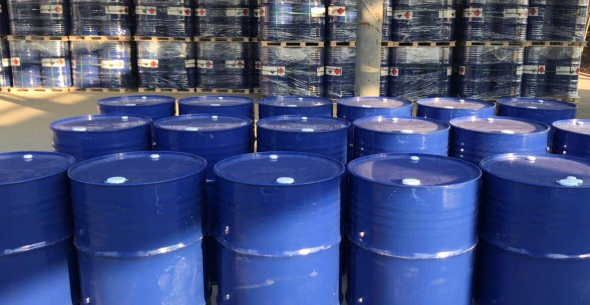 drumed cyclopentane stored in warehouse Cyclopentane in blue drums