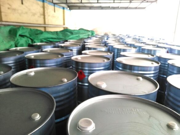 In one corner of pentane, hexane and heptane loading and unloading center, iron drums are neatly placed In one corner of pentane, hexane and heptane loading and unloading center, iron drums are neatly placed