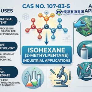 Infographic displaying Isohexane CAS 107-83-5 applications, including rubber processing solvent, adhesive carrier, organic synthesis, and precision electronics cleaning.