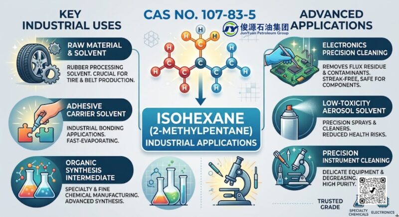 Infographic displaying Isohexane CAS 107-83-5 applications, including rubber processing solvent, adhesive carrier, organic synthesis, and precision electronics cleaning.