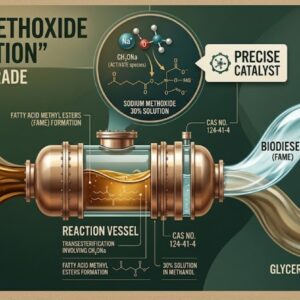 Diagram illustrating Sodium Methoxide 30% solution in methanol acting as a catalyst in transesterification to convert vegetable oil into biodiesel and glycerin.