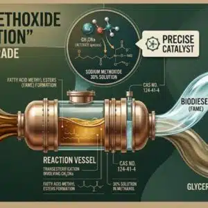 Diagram illustrating Sodium Methoxide 30% solution in methanol acting as a catalyst in transesterification to convert vegetable oil into biodiesel and glycerin.