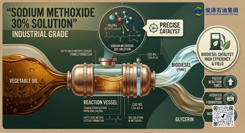 Diagram illustrating Sodium Methoxide 30% solution in methanol acting as a catalyst in transesterification to convert vegetable oil into biodiesel and glycerin.