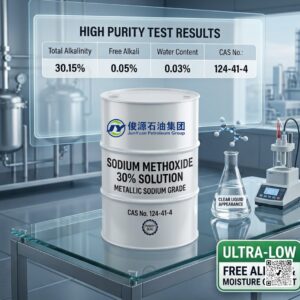 Sodium Methoxide 30% Solution Metallic Sodium Grade steel drum with specification test results overlay
