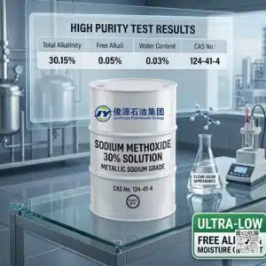 Sodium Methoxide 30% Solution Metallic Sodium Grade steel drum with specification test results overlay