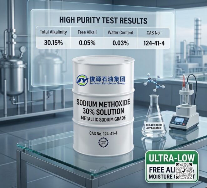 Sodium Methoxide 30% Solution Metallic Sodium Grade steel drum with specification test results overlay