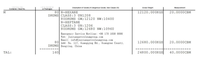 Sample bill of lading of 1*40 "GP mixed Loading with n-Hexane and n-Heptane