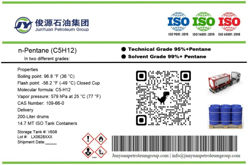 N-pentane product identification card, describing the technical composition and parameters of n-pentane in detail