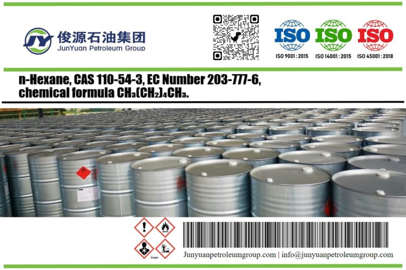 N-hexane product card, which describes the technical composition and parameters of n-hexane in detail and is provided with photos of barreled n-hexane