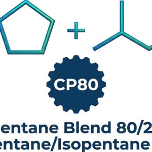 Logo for CP80 Pentane Blend 80/20 featuring cyclopentane and isopentane skeletal structures above a dark blue gear badge and technical product text.