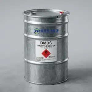 Galvanized steel 200kg drum containing Dimethyl Disulfide (DMDS, CAS 624-92-0) featuring a GHS flammable liquid hazard diamond label.
