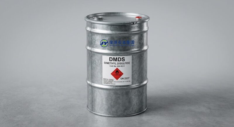 Galvanized steel 200kg drum containing Dimethyl Disulfide (DMDS, CAS 624-92-0) featuring a GHS flammable liquid hazard diamond label.