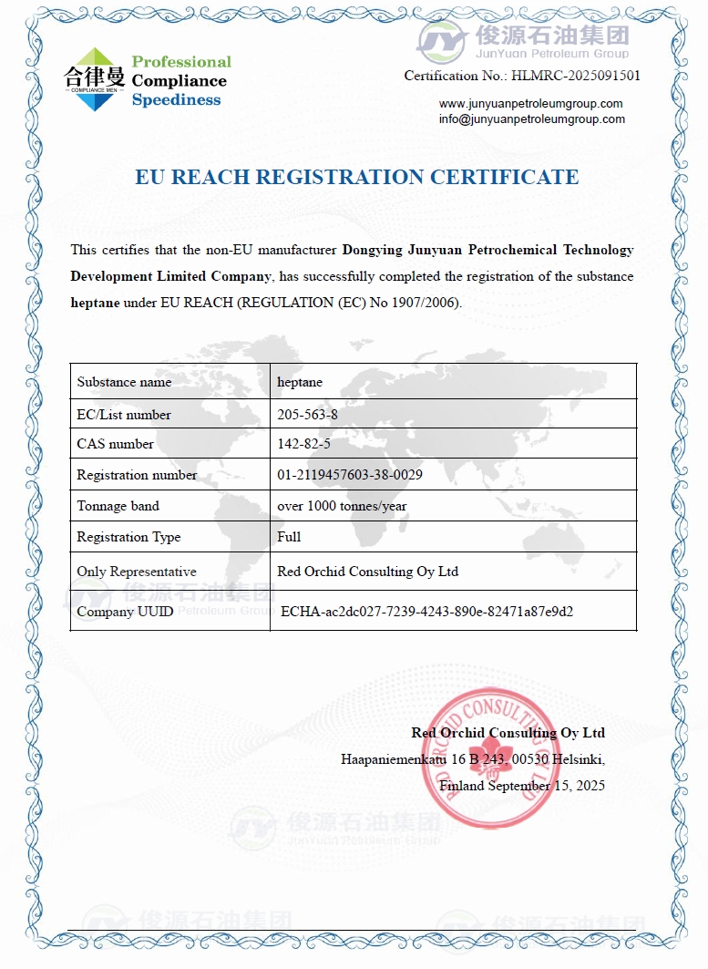 EU REACH Registration Certificate for n-Heptane (CAS No. 142-82-5), issued to Dongying Junyuan Petrochemical Technology Development Co., Ltd. by Red Orchid Consulting Oy Ltd on September 15, 2023. Confirms compliance with Regulation (EC) No 1907/2006, including substance details, tonnage band over 1000 tonnes/year, and official registration number.