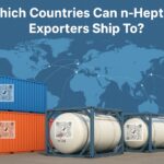 Cargo containers and ISO tanks loaded with n-Heptane, ready for international shipment, with a world map highlighting shipping routes.