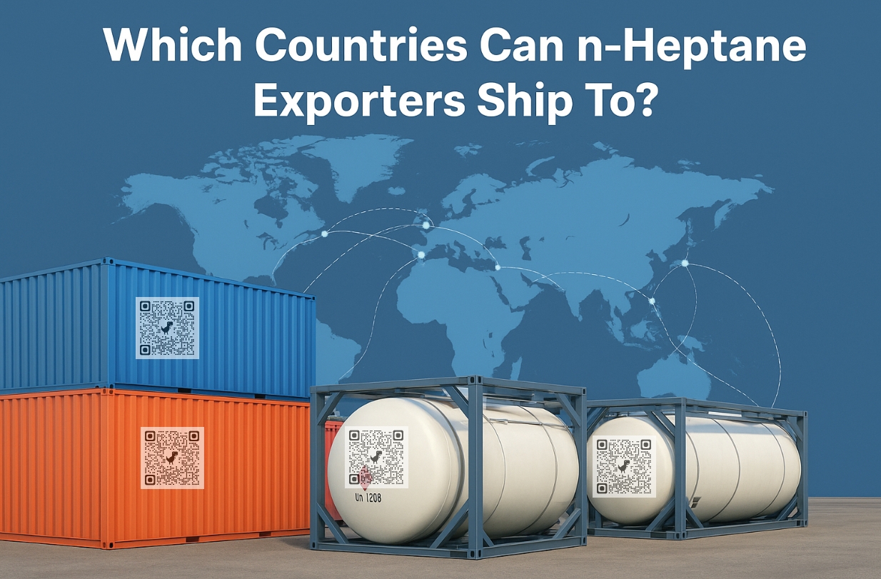 Cargo containers and ISO tanks loaded with n-Heptane, ready for international shipment, with a world map highlighting shipping routes.