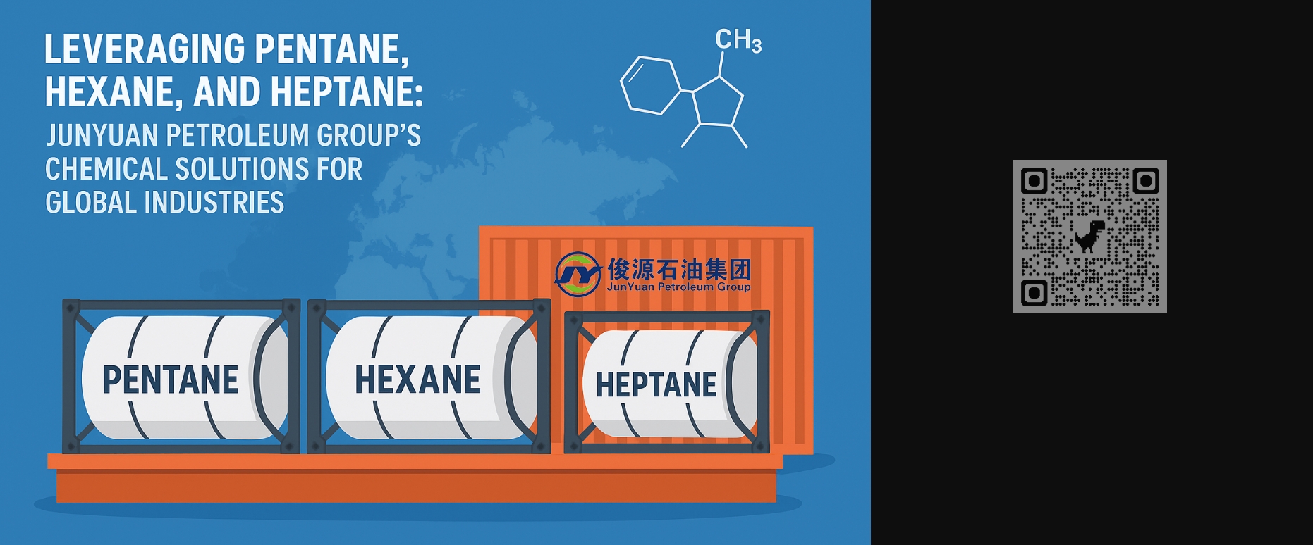 Cargo containers and ISO tanks filled with Pentane, Hexane, and Heptane ready for international shipment, symbolizing Junyuan Petroleum Group’s global chemical supply network connecting manufacturing, pharmaceutical, and electronics industries worldwide.