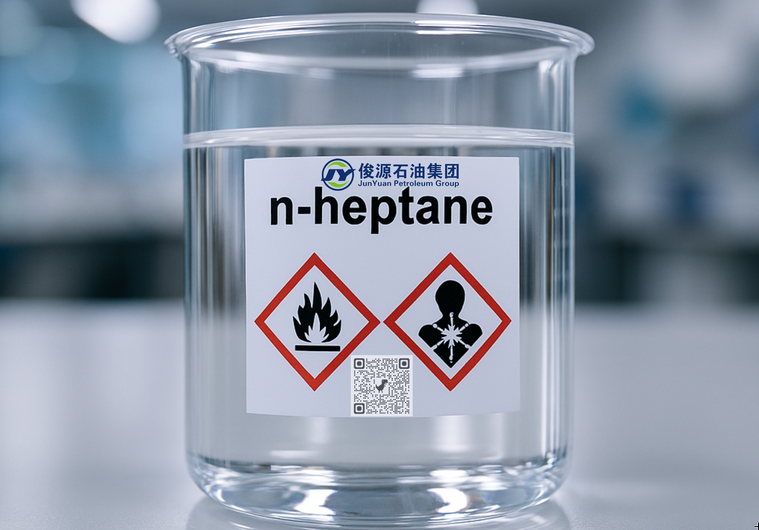 High-purity n-Heptane in sealed laboratory glassware labeled with REACH and CLP hazard pictograms, placed on a compliant chemical safety workstation under bright light.