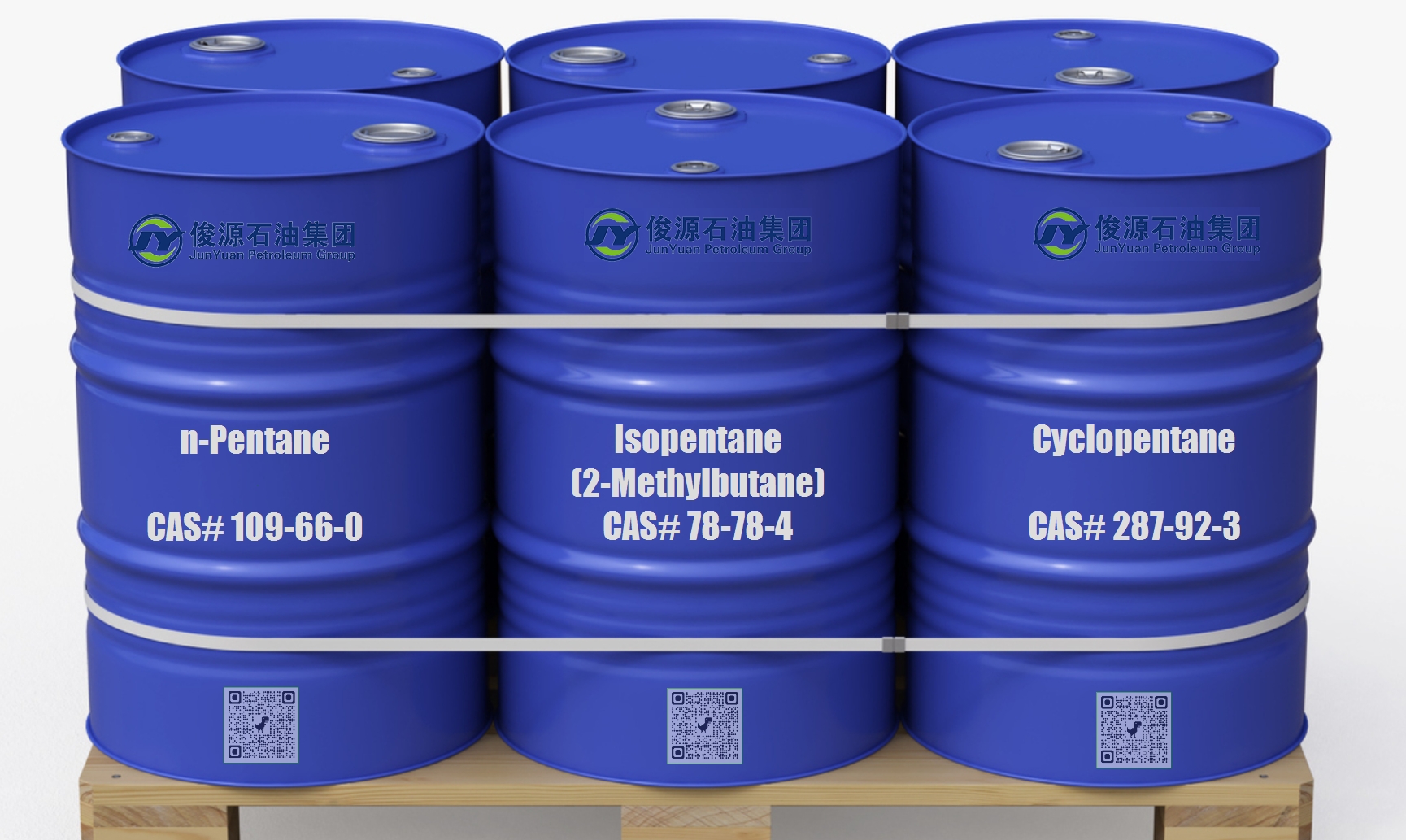 A wooden pallet holding three metal chemical drums labeled n-Pentane (CAS 109-66-0), Isopentane (CAS 78-78-4), and Cyclopentane (CAS 287-92-3). Each drum features clear product labeling and hazard symbols, representing high-purity Pentane isomers used in foam, refrigerant, and solvent applications. Industrial background with clean lighting and a professional laboratory setting.