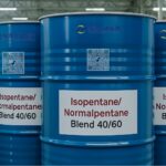 Isopentane/Normalpentane Blend 40/60” in a clean warehouse setting, with EPS foam blocks and PU insulation panels in the background. generate a featured image