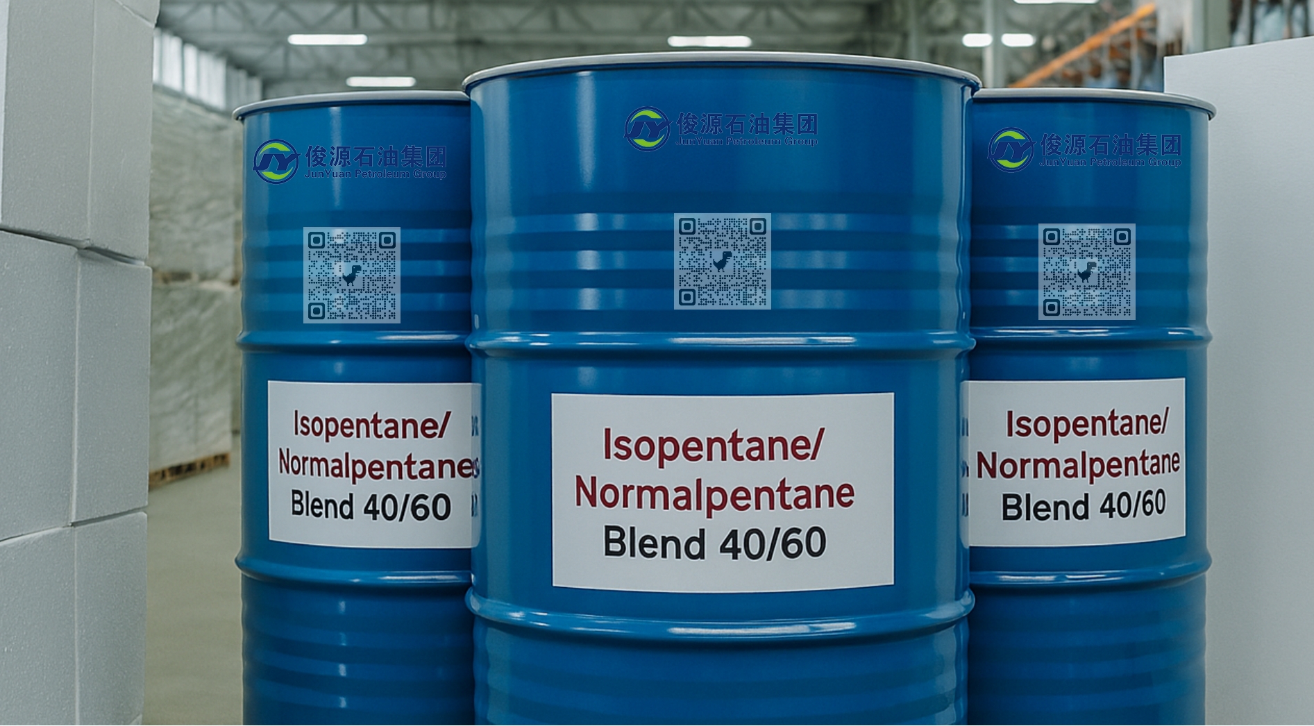 Isopentane/Normalpentane Blend 40/60” in a clean warehouse setting, with EPS foam blocks and PU insulation panels in the background. generate a featured image