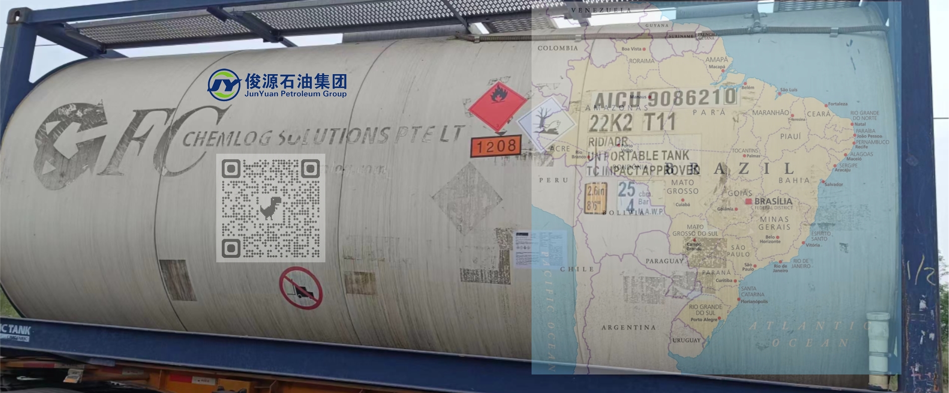 An ISO tank filled with n-Hexane (UN1208), ready for shipment to Brazil. The tank is printed with a map of Brazil and clearly displays the UN1208 hazard label, highlighting safe and reliable delivery to Brazilian industrial customers.