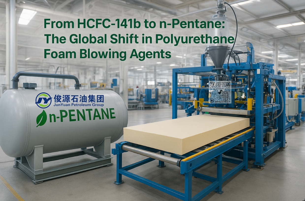 A modern polyurethane insulation board production line replacing HCFC-141b with n-Pentane as a blowing agent — symbolizing the global shift toward green, sustainable foam manufacturing.
