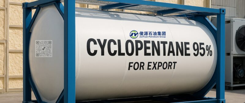 High-purity Cyclopentane 95% ISO tank container prepared for export, with polyurethane foam insulation panels and refrigeration equipment in the background, illustrating eco-friendly thermal insulation applications.