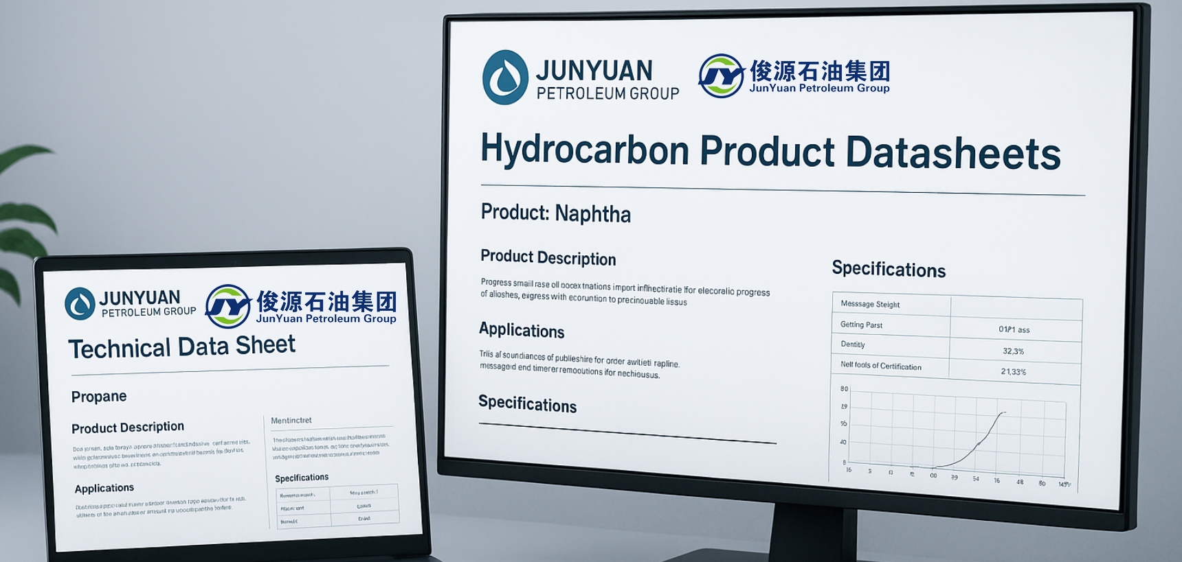 Junyuan Petroleum Group office desk with laptop and monitor displaying hydrocarbon product datasheets for propane and naphtha.