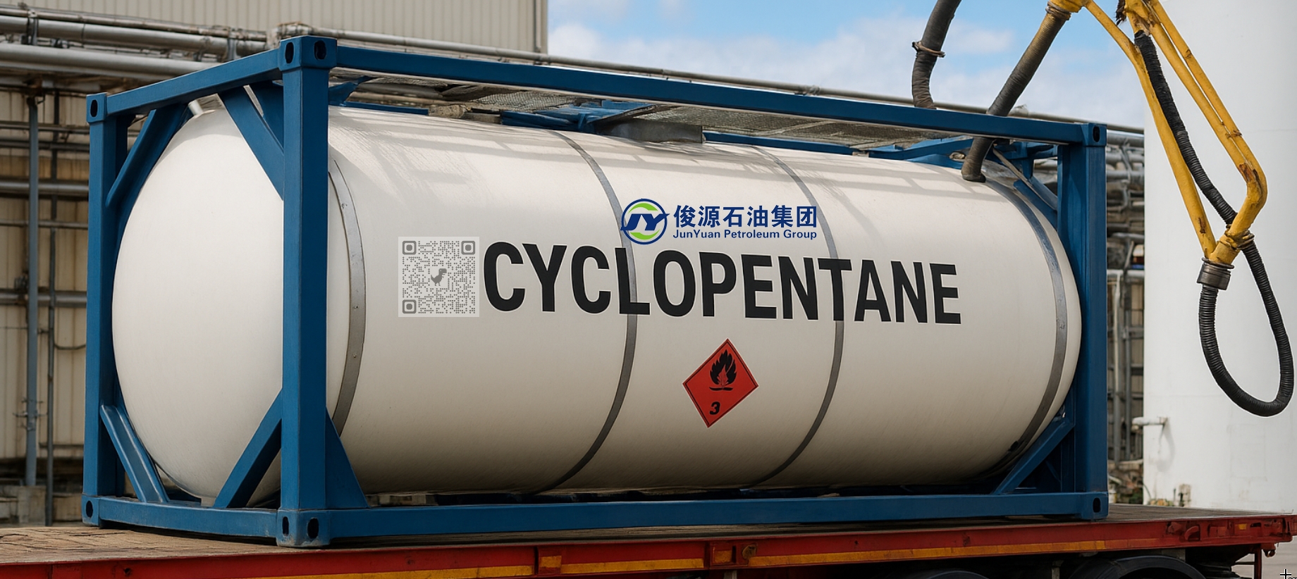 Cyclopentane ISO tank being loaded via yellow hose at industrial facility for insulation foam production