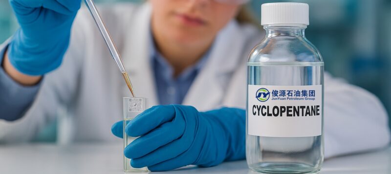 Scientist performing Cyclopentane purity test using pipette and cuvette in modern laboratory