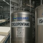 Split-screen view of a refrigerator production facility showing polyurethane foam panels on a conveyor and hydrocarbon tanks labeled Cyclopentane and Isobutane.