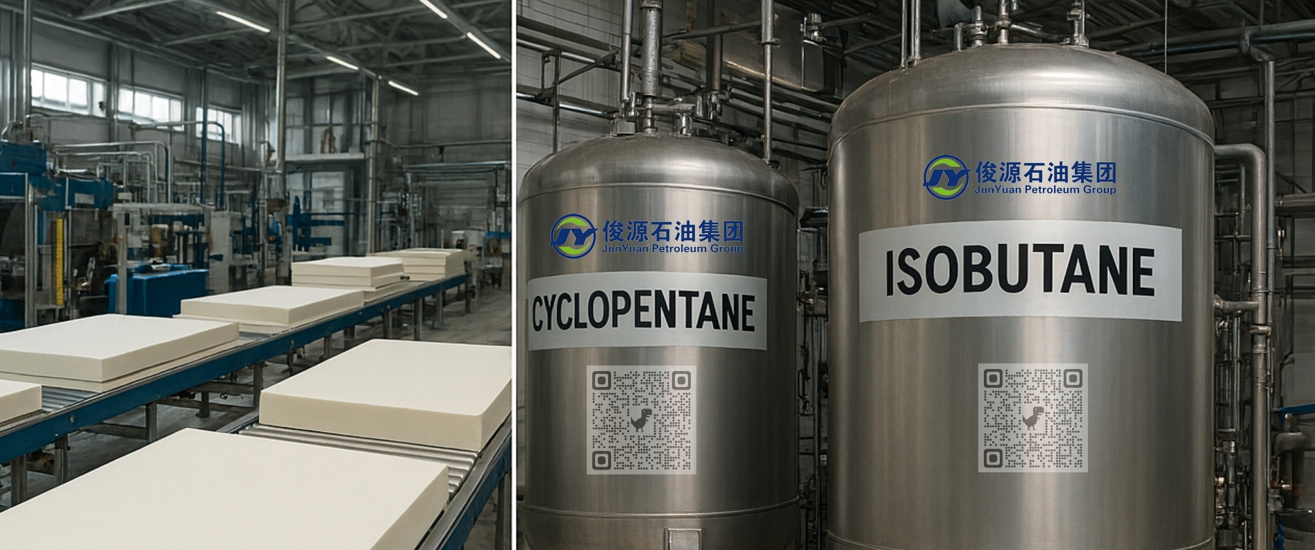 Split-screen view of a refrigerator production facility showing polyurethane foam panels on a conveyor and hydrocarbon tanks labeled Cyclopentane and Isobutane.