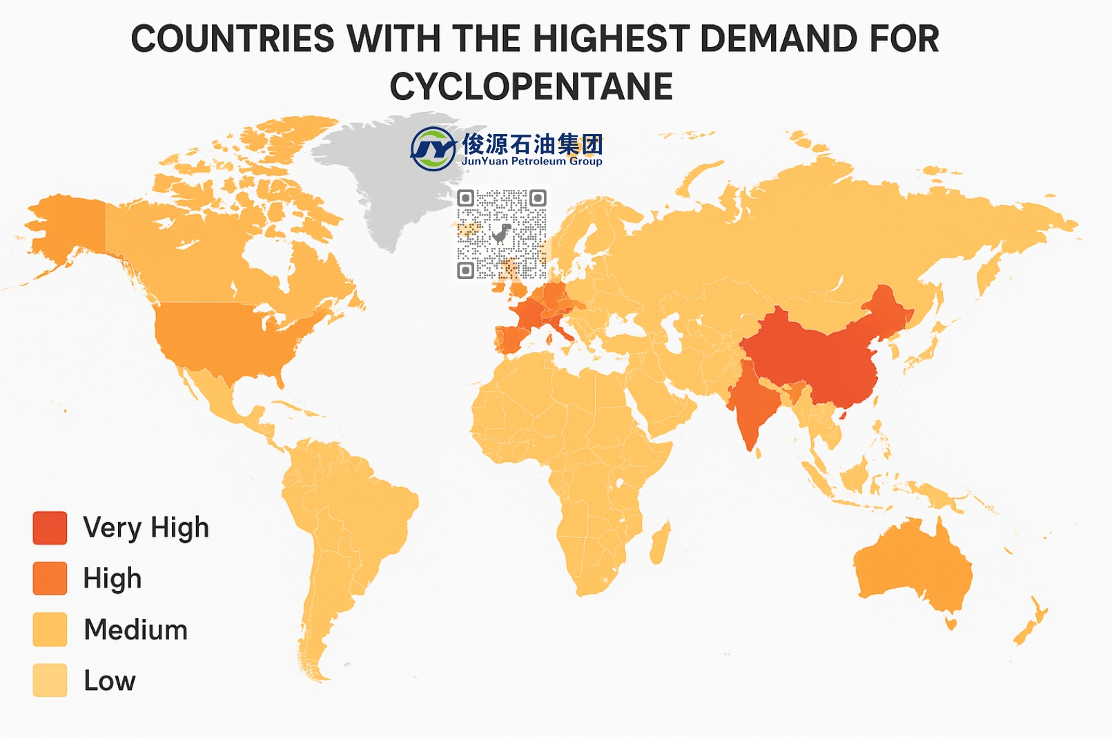 Global Cyclopentane demand heatmap showing major consumption regions and Junyuan Petroleum Group supply.
