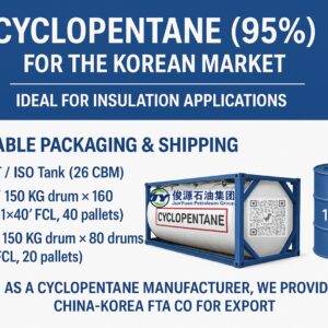 Cyclopentane (95%) packaging options for Korean market, showing ISO tank and 150 KG drums