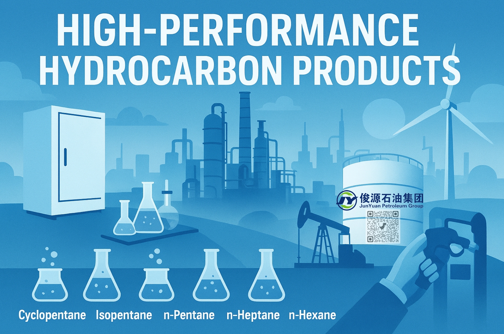 Illustration showing hydrocarbon product applications in refrigeration, laboratories, petrochemicals, and energy sectors.
