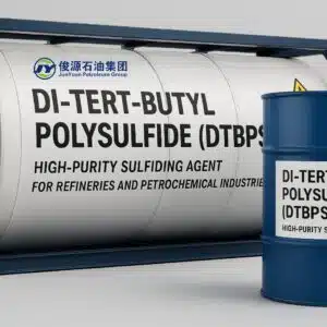 ISO tank and drum labeled Di-tert-Butyl Polysulfide (DTBPS) for industrial catalyst activation.