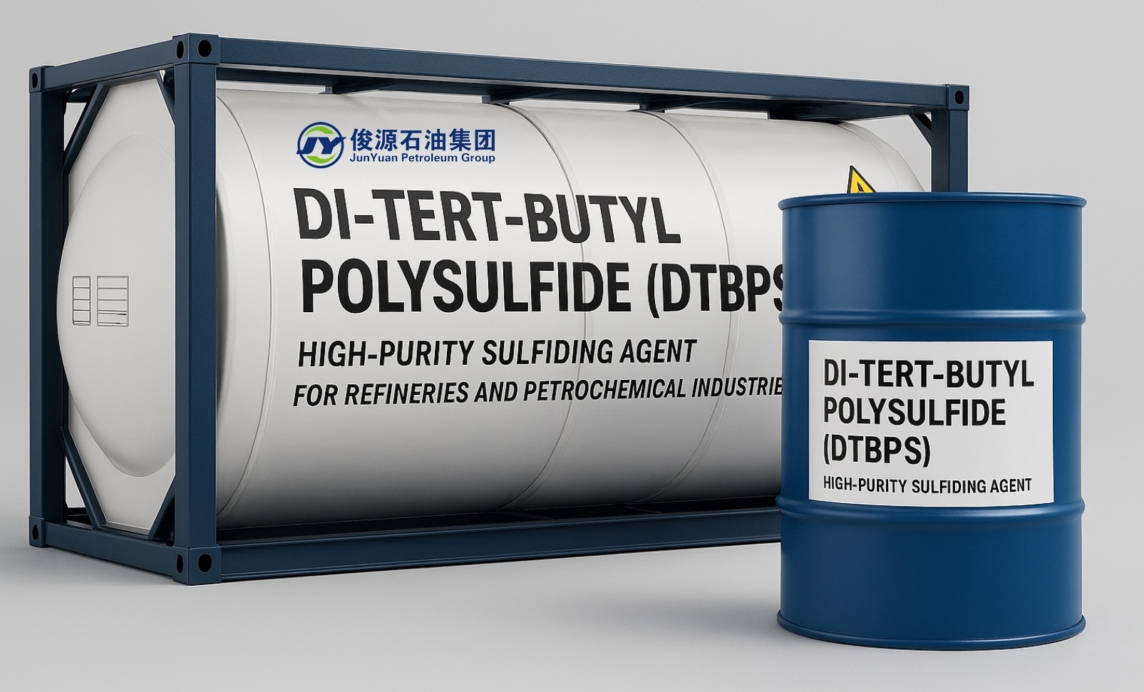 ISO tank and drum labeled Di-tert-Butyl Polysulfide (DTBPS) for industrial catalyst activation.
