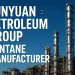 Industrial chemical plant of Junyuan Petroleum Group with distillation towers under blue sky, symbolizing pentane manufacturing.