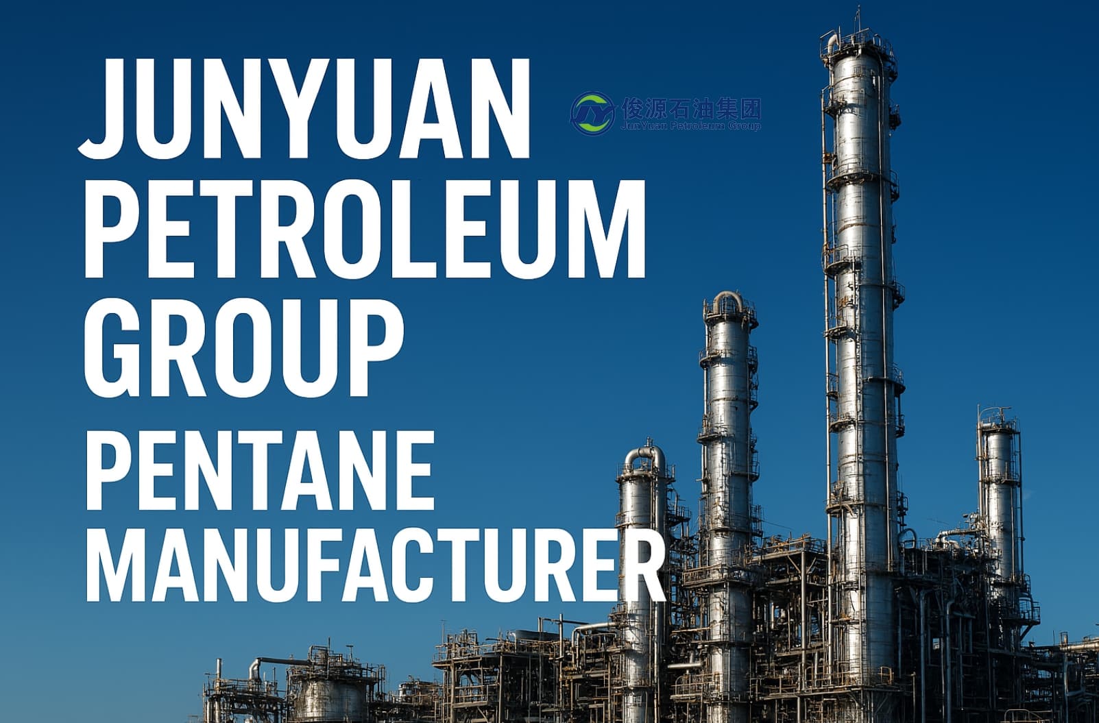 Industrial chemical plant of Junyuan Petroleum Group with distillation towers under blue sky, symbolizing pentane manufacturing.
