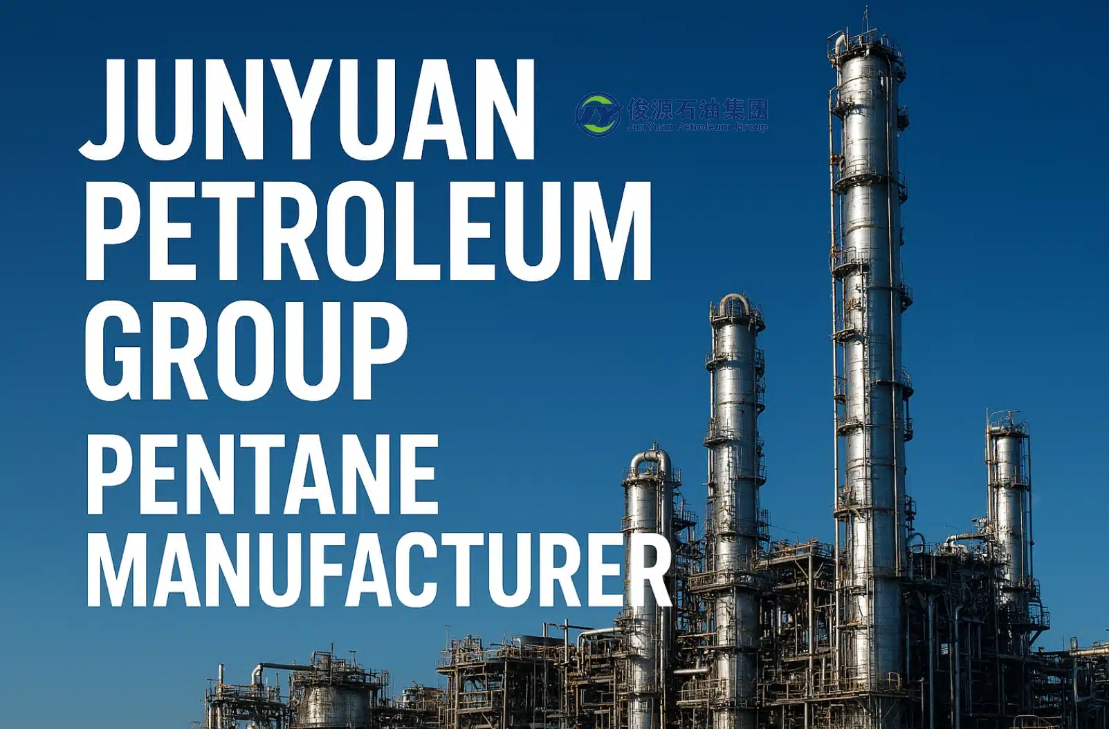 Industrial chemical plant of Junyuan Petroleum Group with distillation towers under blue sky, symbolizing pentane manufacturing.