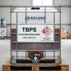1000L white IBC tote filled with dark brown Di-tert-Butyl Polysulfide (TBPS) liquid on a wooden pallet with product specification and GHS hazard labels.