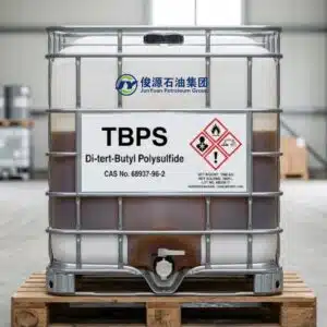 1000L white IBC tote filled with dark brown Di-tert-Butyl Polysulfide (TBPS) liquid on a wooden pallet with product specification and GHS hazard labels.