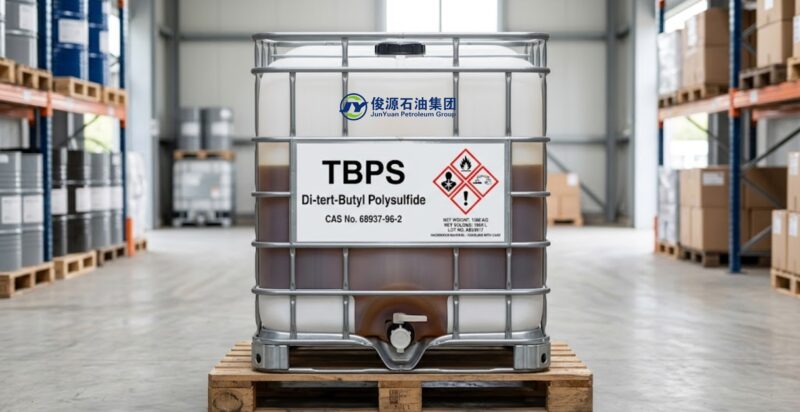 1000L white IBC tote filled with dark brown Di-tert-Butyl Polysulfide (TBPS) liquid on a wooden pallet with product specification and GHS hazard labels.