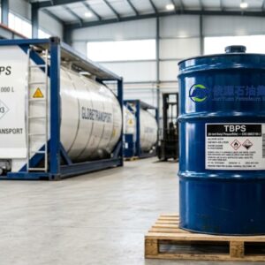 Dark blue steel drum labeled TBPS Di-tert-Butyl Polysulfide CAS 68937-96-2 sitting on a wooden pallet inside a clean petrochemical warehouse with white ISO tank containers in the background.