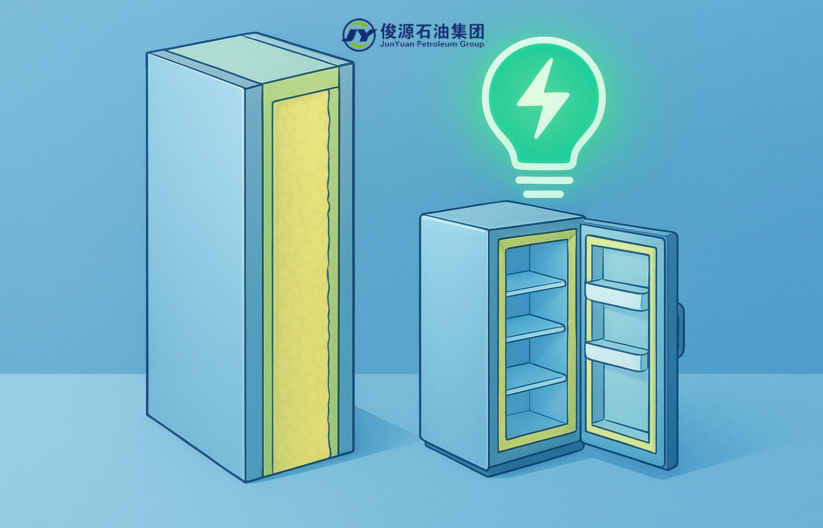 Cross-section of cold storage panel and refrigerator with polyurethane insulation and energy-efficiency icon