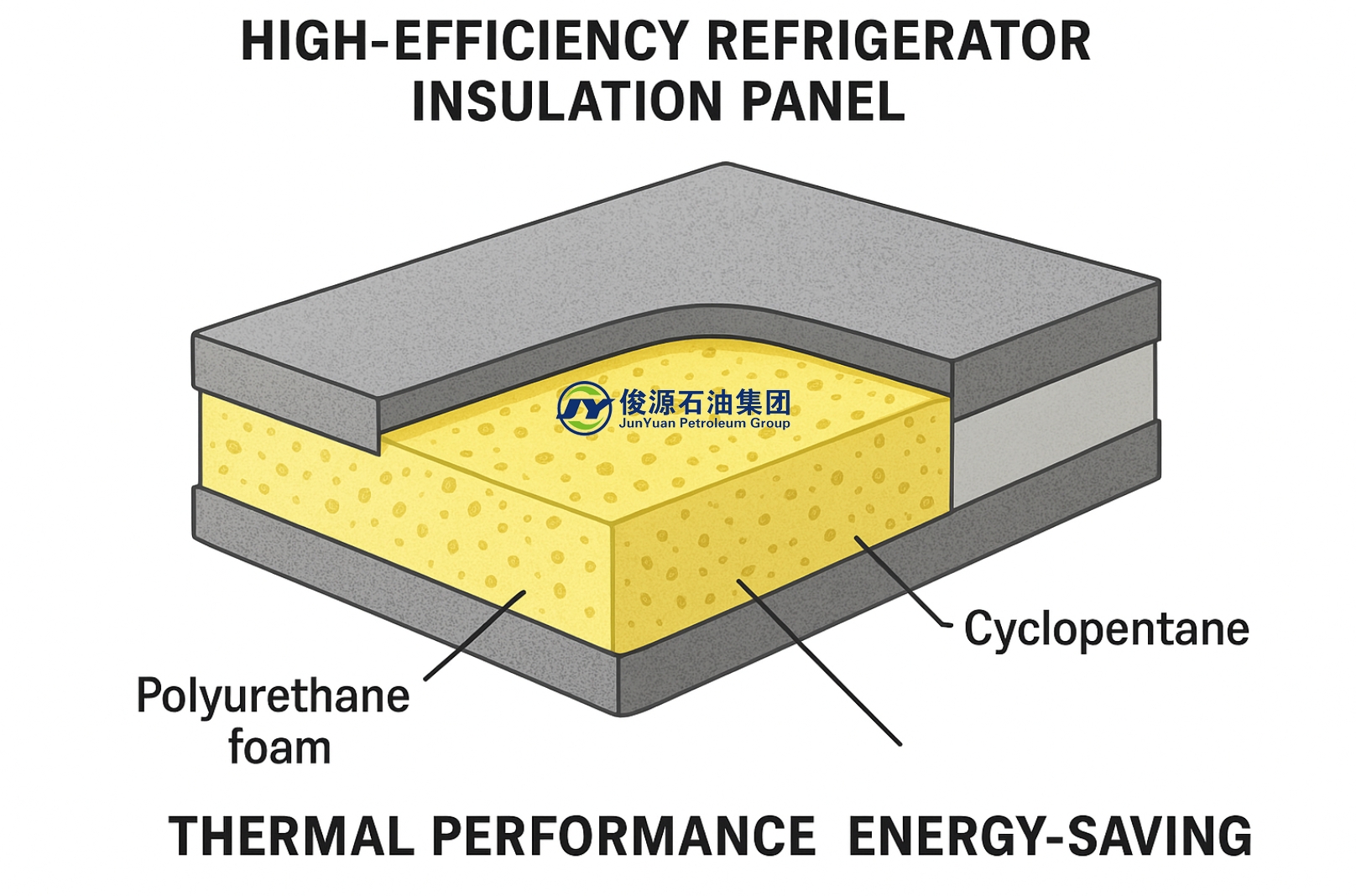 Cross-section of refrigerator insulation panel showing polyurethane foam with Cyclopentane, highlighting thermal and energy-saving features.