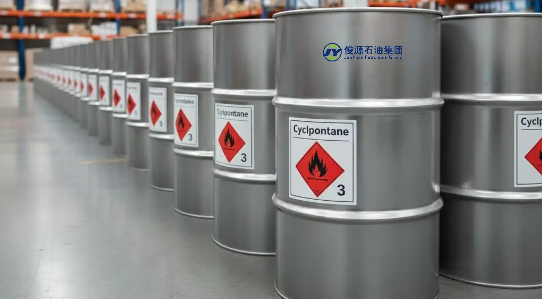 High-purity Cyclopentane blowing agent in silver industrial steel drums with Class 3 flammable labels for export.