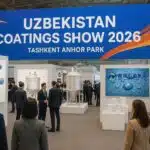 Professional exhibition scene at Uzbekistan Coatings Show 2026 in Tashkent Anhor Park, featuring industrial chemistry displays and coatings technology.