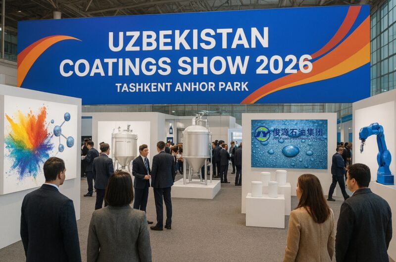 Professional exhibition scene at Uzbekistan Coatings Show 2026 in Tashkent Anhor Park, featuring industrial chemistry displays and coatings technology.