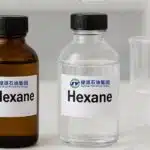 Laboratory bottles labeled "n-Hexane" and "Hexane" with glassware on a white surface.